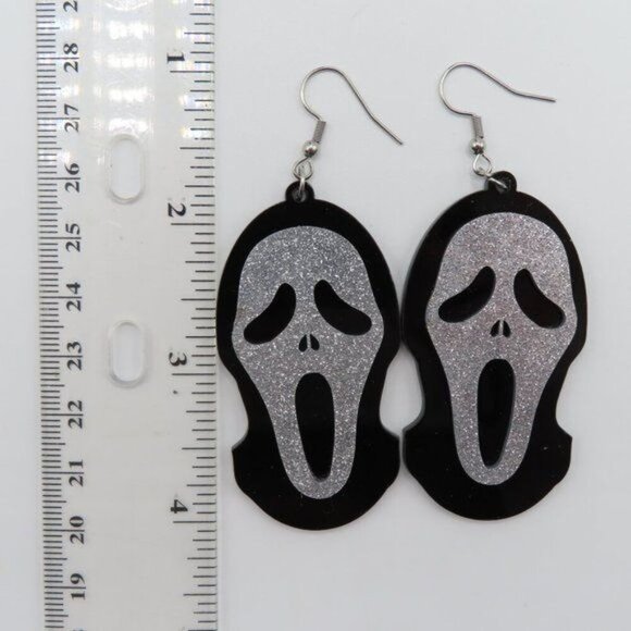 Ghost Face Black Silver Glitter Dangle Earrings Halloween Scream Horror Spooky - Picture 6 of 8